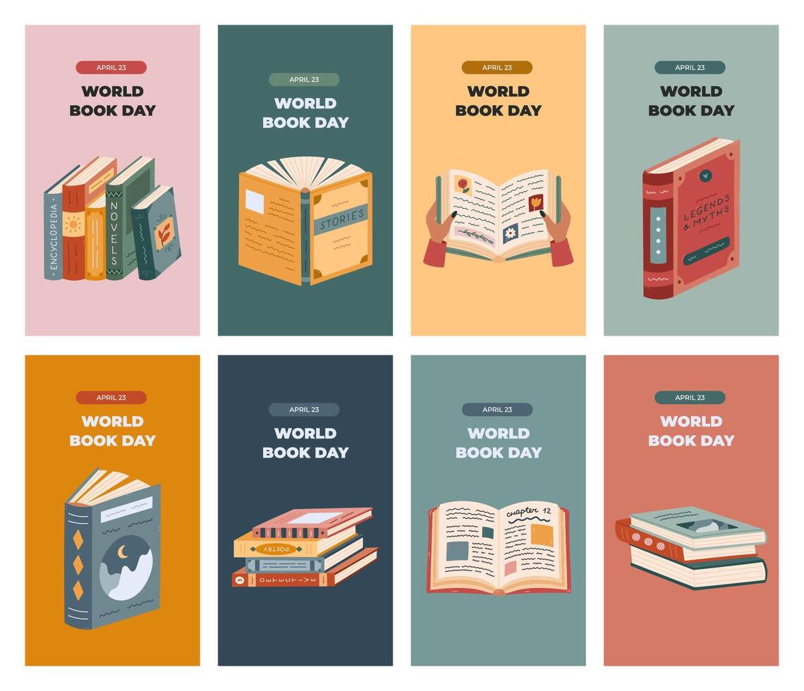 Big set of vertical of stories for World Book Day with colorful library clipart. Greeting concept banner with books of different genres, picturesque covers, stack for social media, business, branding. vector