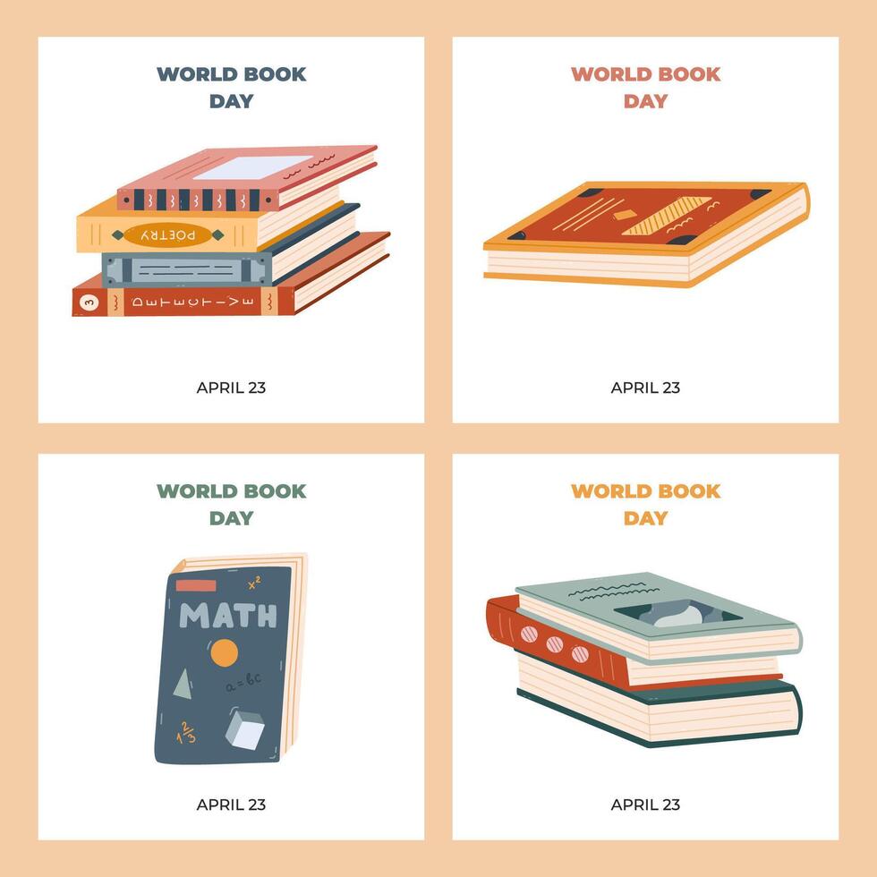 Set of square simple banners for World Book Day with book and library clipart. Hand drawn reading concept with textbook, stack of literature in hardcover for social media, website banner, promotion. vector