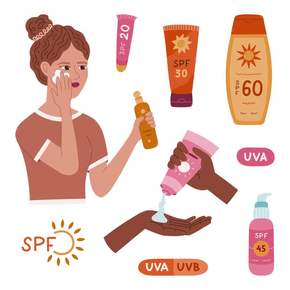 Lovely cartoon set with girl using sunscreen spray, different tubes and jars with SPF. Childish hand drawn clipart collection about defense from dangerous ultraviolet sun rays isolated on background. vector