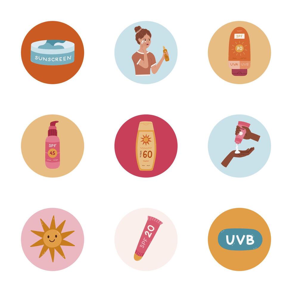 Lovely set of round cover icons with sunscreen cartoon clipart. Childish highlights for different social media, blogs, business. Icon pack for stories with lady with sunblock, summery sun, SPF cream. vector