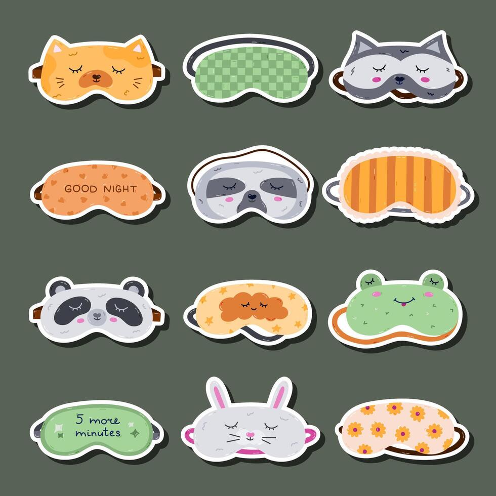 Big cartoon sticker set with kids and women sleeping mask for planners, notebooks. Ready for print list of eye mask with pet face, trendy ornament, lettering. Bedtime accessory for sweet dreams vector