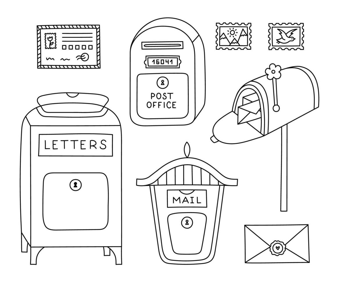 Lovely black and white set with different mailboxes. Vintage, standing on street, residential, public postbox for delivering mail. Diverse post office letter boxes doodle isolated on background. vector