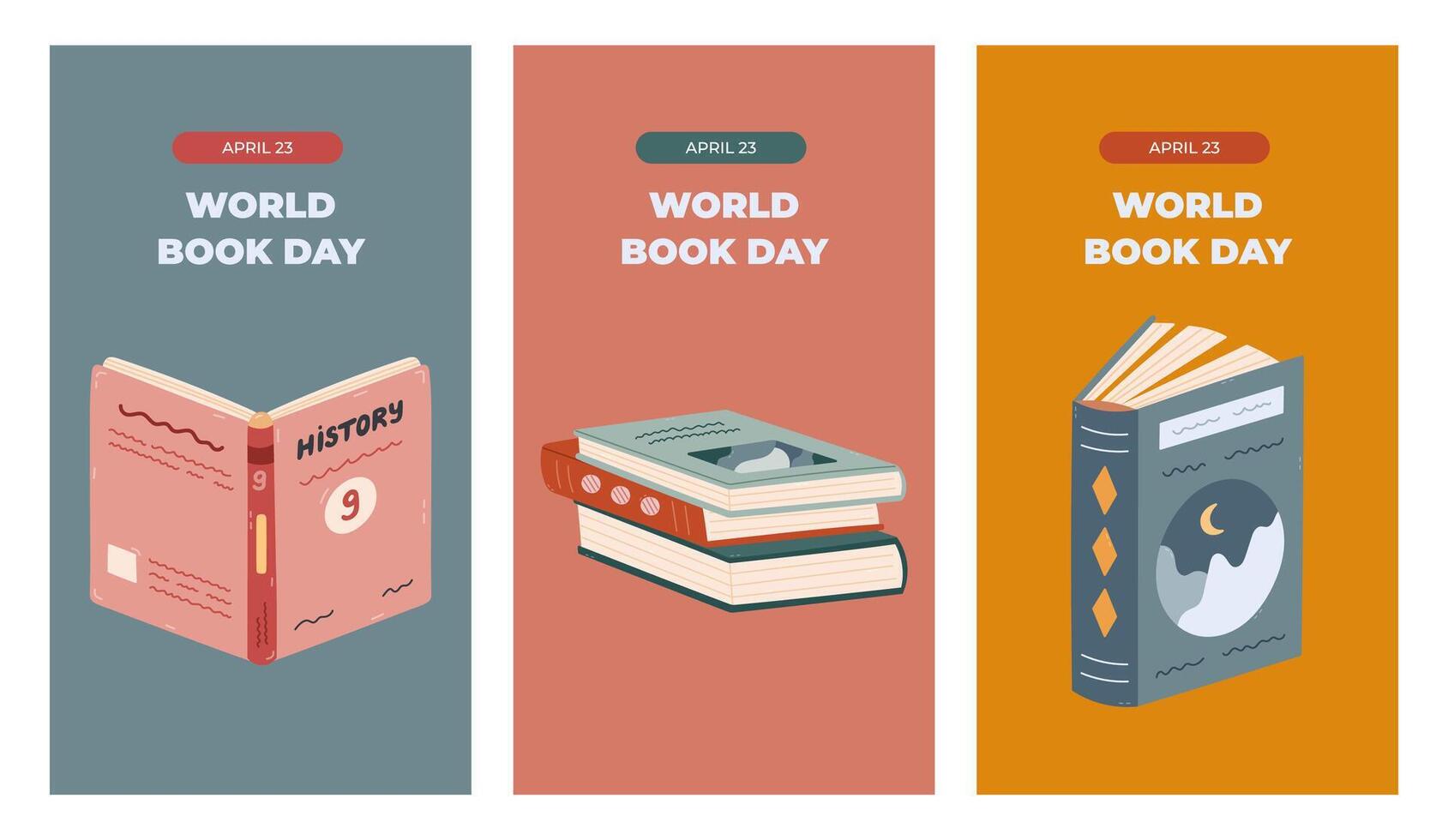 Vertical trendy set of stories for World Book Day with colorful reading clipart. Greeting concept banner with open textbook, stack of books in picturesque cover for social media, branding vector