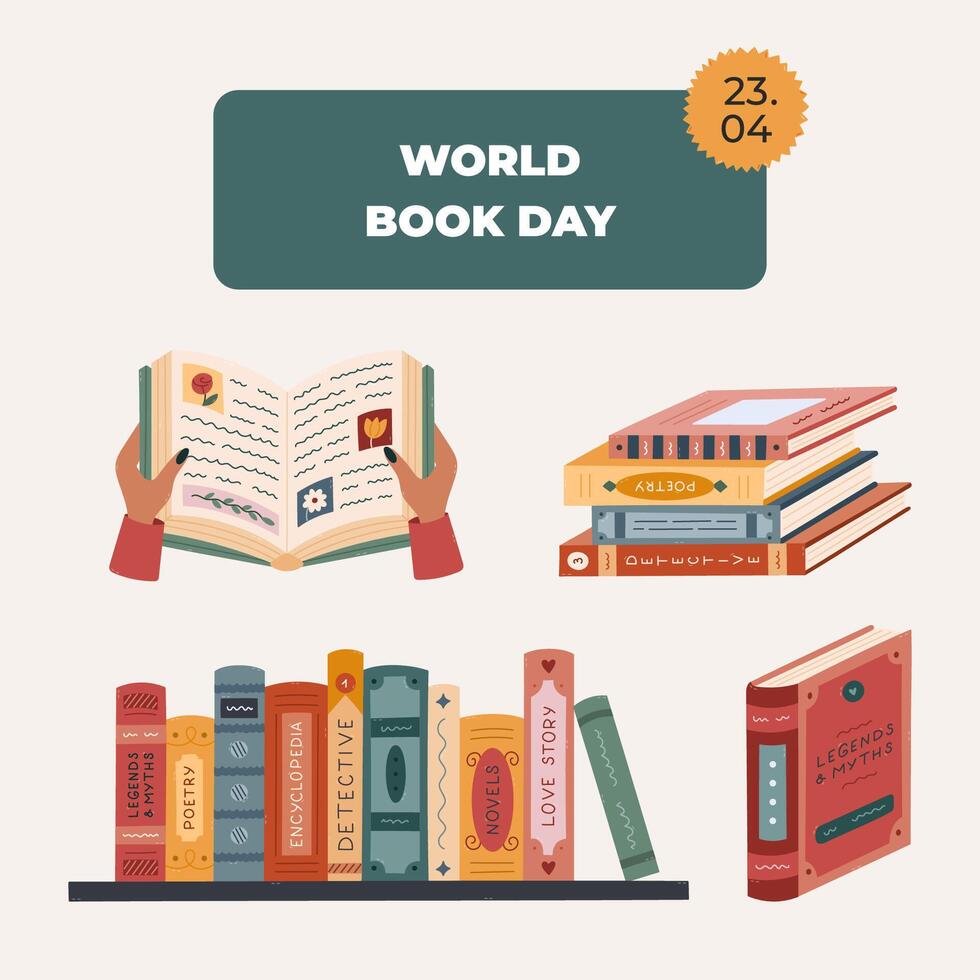 Colourful square poster for World Book Day with cartoon books of different genres. Simple holiday banner with open book in women hands, bookshelf for website background, social media, business. vector