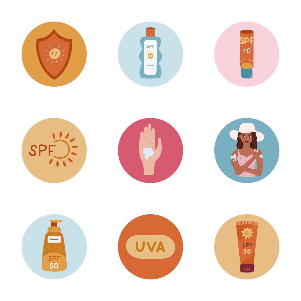 Lovely set of round cover icons with sun protection cartoon clipart. Cute highlights for social media, blogs, business, branding. Stories Icon pack with SPF lotion, women with sunscreen, lipstick. vector