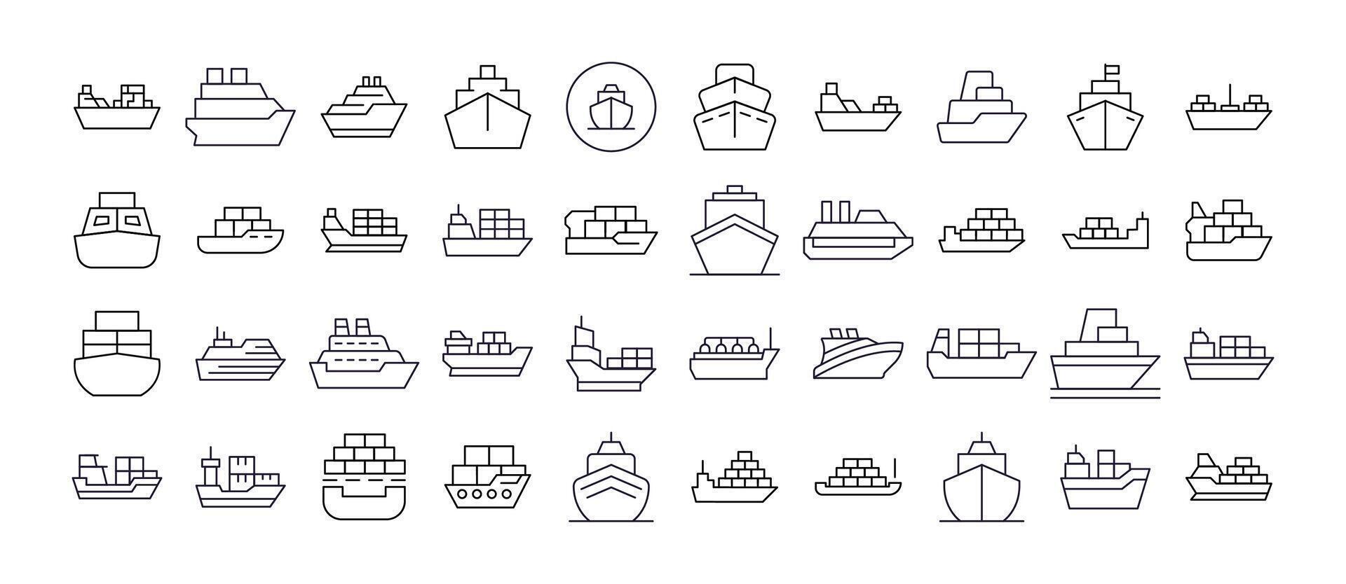 Collection of Ship Related Line Icons. Outline Signs for Graphic and Web Design, Apps, Adverts, Various Cards vector