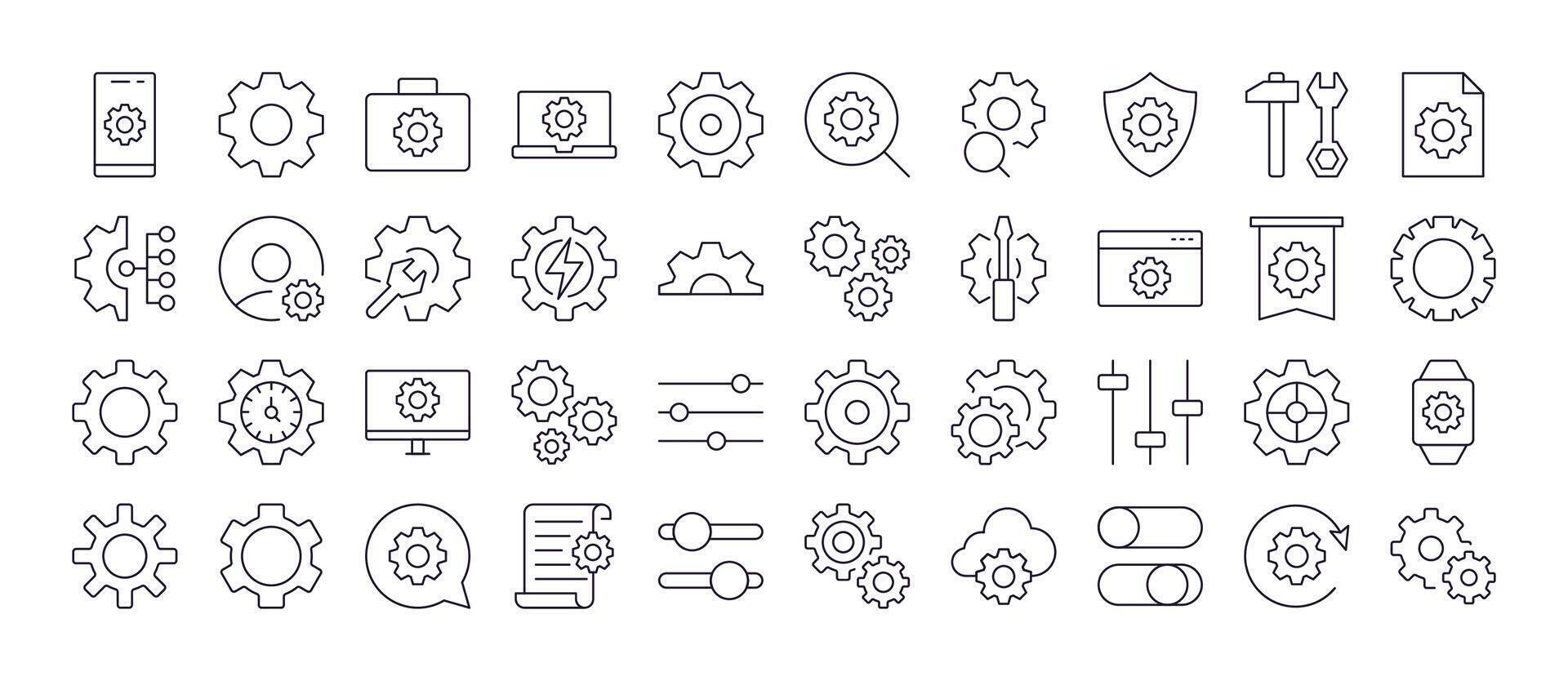 Cogwheel and Gear Thin Icons Collection. Editable Stroke. Perfect for Web Sites, Books, Cards, Apps vector