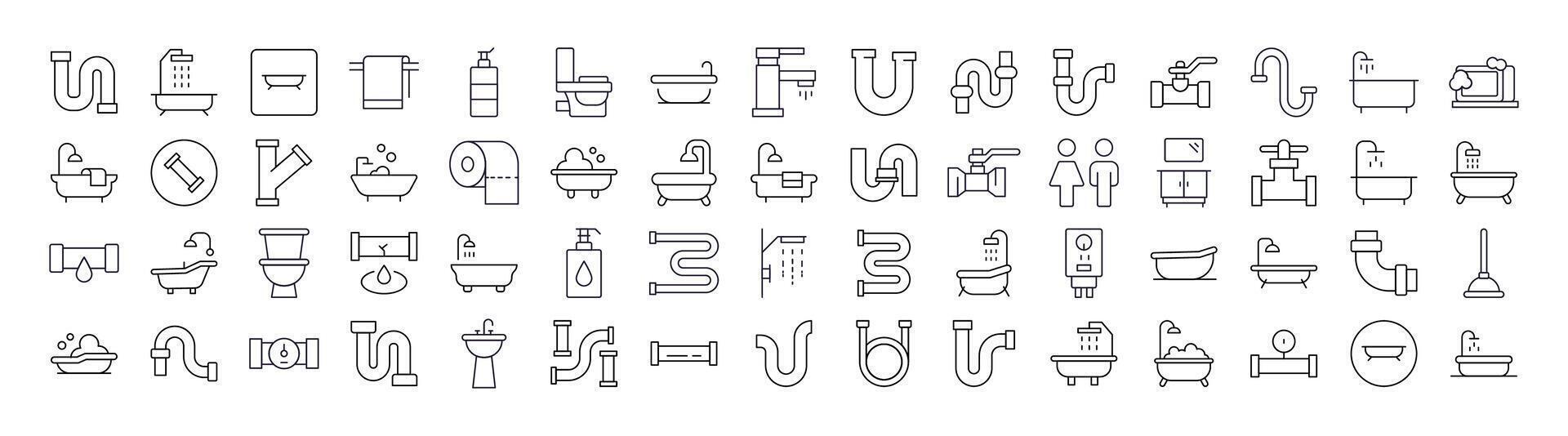 Bundle of Line Icons of Faucet, Pipes, Bathroom, Toilet. Minimalistic Linear Pictogram for Web and Graphic Design, Apps, Banners, Social Network and Cards vector