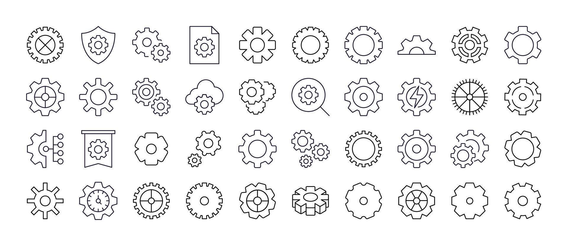 Pack of Gear and Cogwheel Related Line Icons. Outline Signs for Graphic and Web Design, Apps, Adverts, Various Cards vector