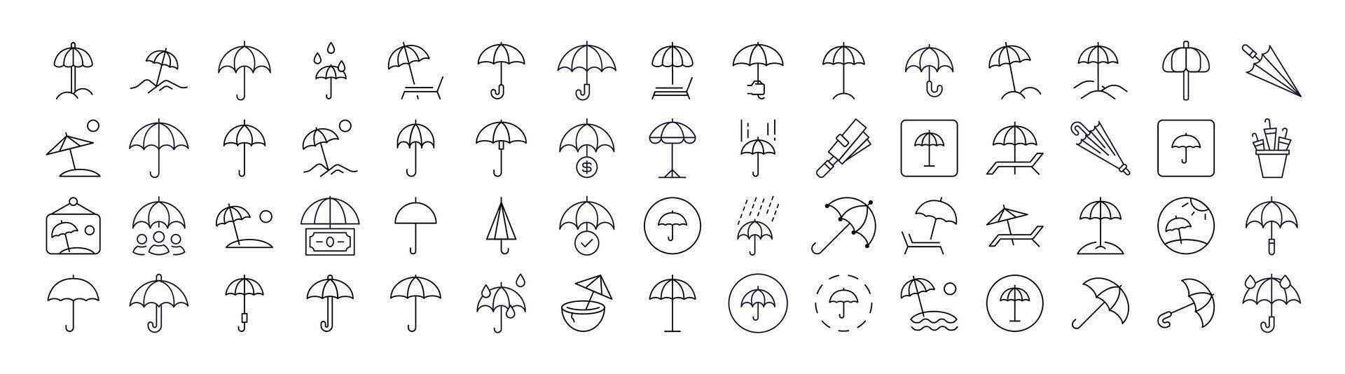Umbrella Line Icon Bundle. Outline Signs for Graphic and Web Design, Apps, Adverts, Various Cards vector