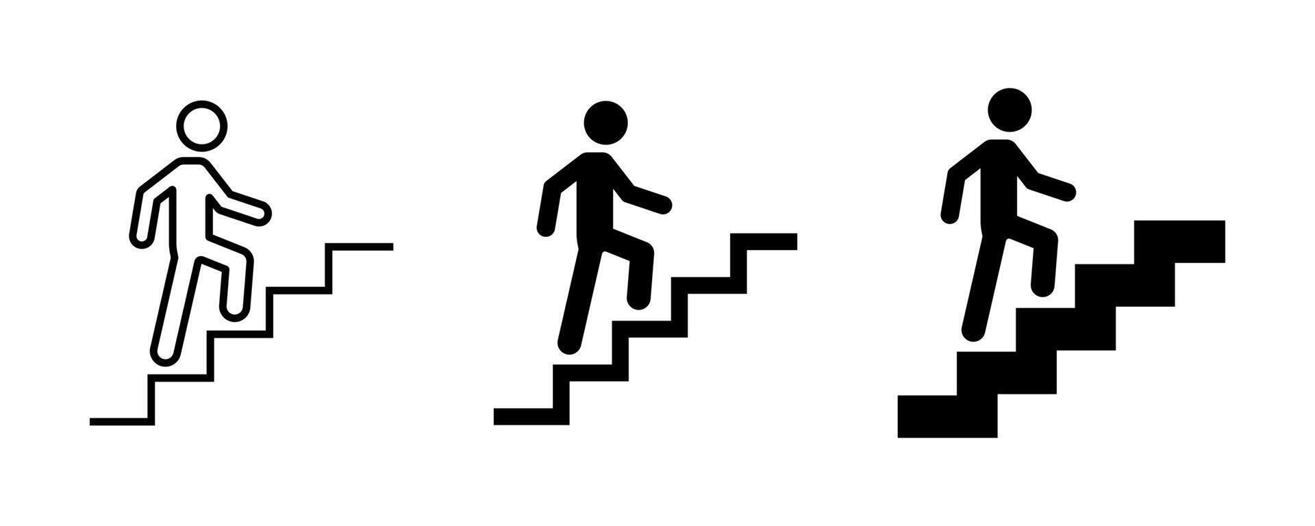 Stairs icon set. Man on the stairs icon. Man climbing stairs icon. Walking up staircase or stairs sign. Climb up stair sign. vector