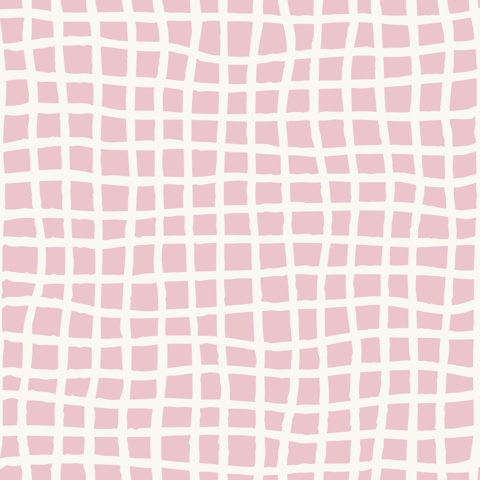 Groovy 70s checkered background with wavy brush strokes and vertical stripes. Distorted retro texture with hand drawn grid of square in pastel pink color. Optical illusion effect Y2k aesthetic. vector