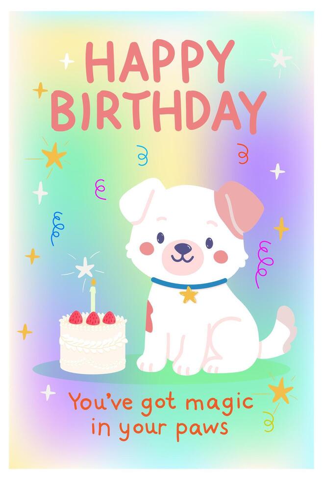 Happy birthday illustration, cute dog with cake. illustration, greeting card with dog for birthday wishes. text you are get magic in your paws vector