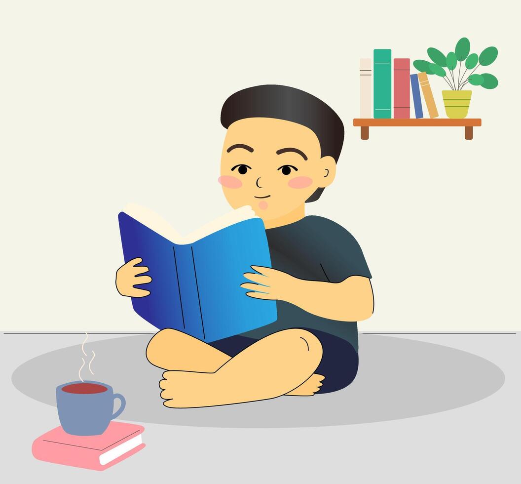 Teenage boy loving of literature reads a book and drinks tea or coffee. Young man with a book in his hand. Hand drawn cartoon character teen. illustration vector