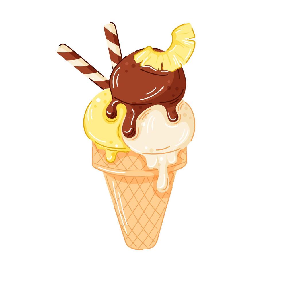 Ice cream cone with vanilla, lemon and dark chocolate scoop in cartoon style. Pineapple and wafer sticks on top in waffle cone. Perfect for dessert menu, summer packaging graphic design. vector