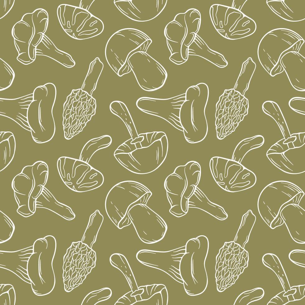Seamless pattern of line art style mushroom on green background. Boletus, porcini, Chanterelle, Morel, Niscalo, Shiitake, Autumn Skullcap. Perfect for food delivery pakage, nature or botanical autumn vector
