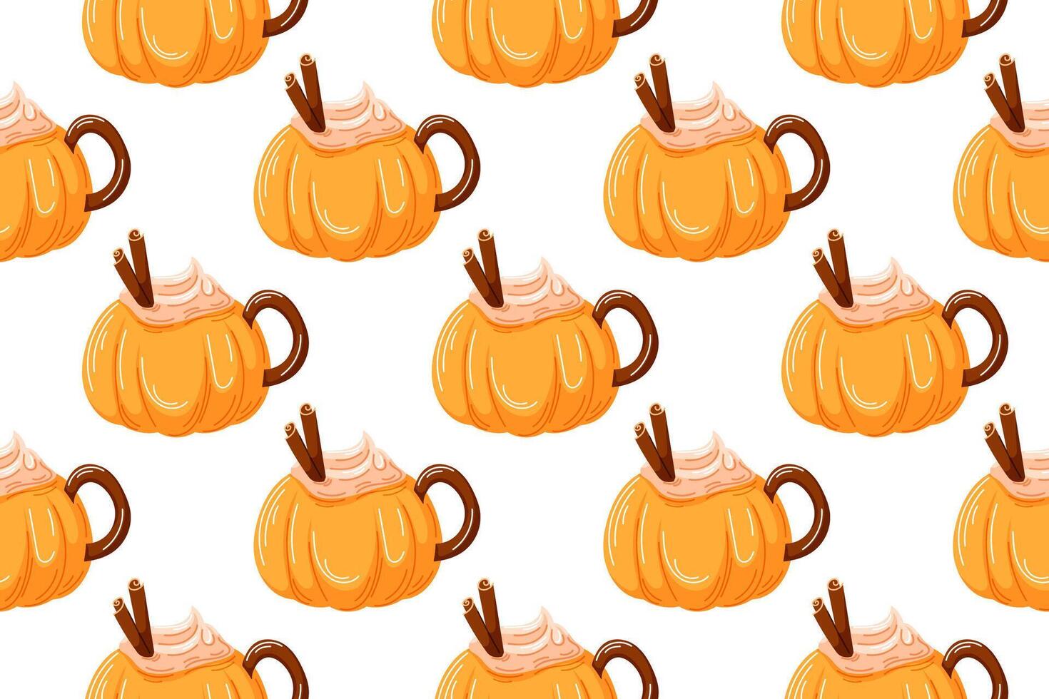 Cup of hot cocoa or coffee with whipped cream and cinnamon in cartoon style. Seamless pattern of beverage for bakery, cafe, kitchen wallpaper and background. vector