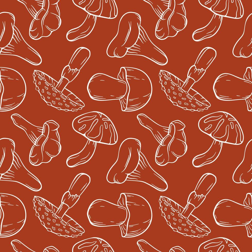 Seamless pattern of line art style mushroom fly agaric, Boletus, Chanterelle, Niscalo, Shiitake on a red background. Perfect for food packaging, vegetable store print and organic design. vector