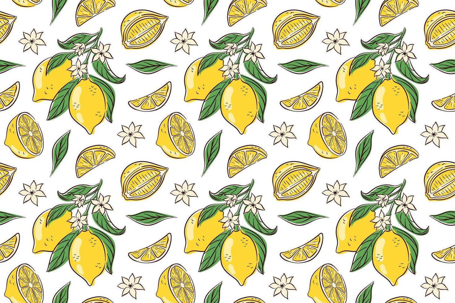 Colorful seamless pattern with hand drawn lemon, leaf and flower on a white background. Perfect for textile, packaging, summer theme and fresh fruit design project. vector