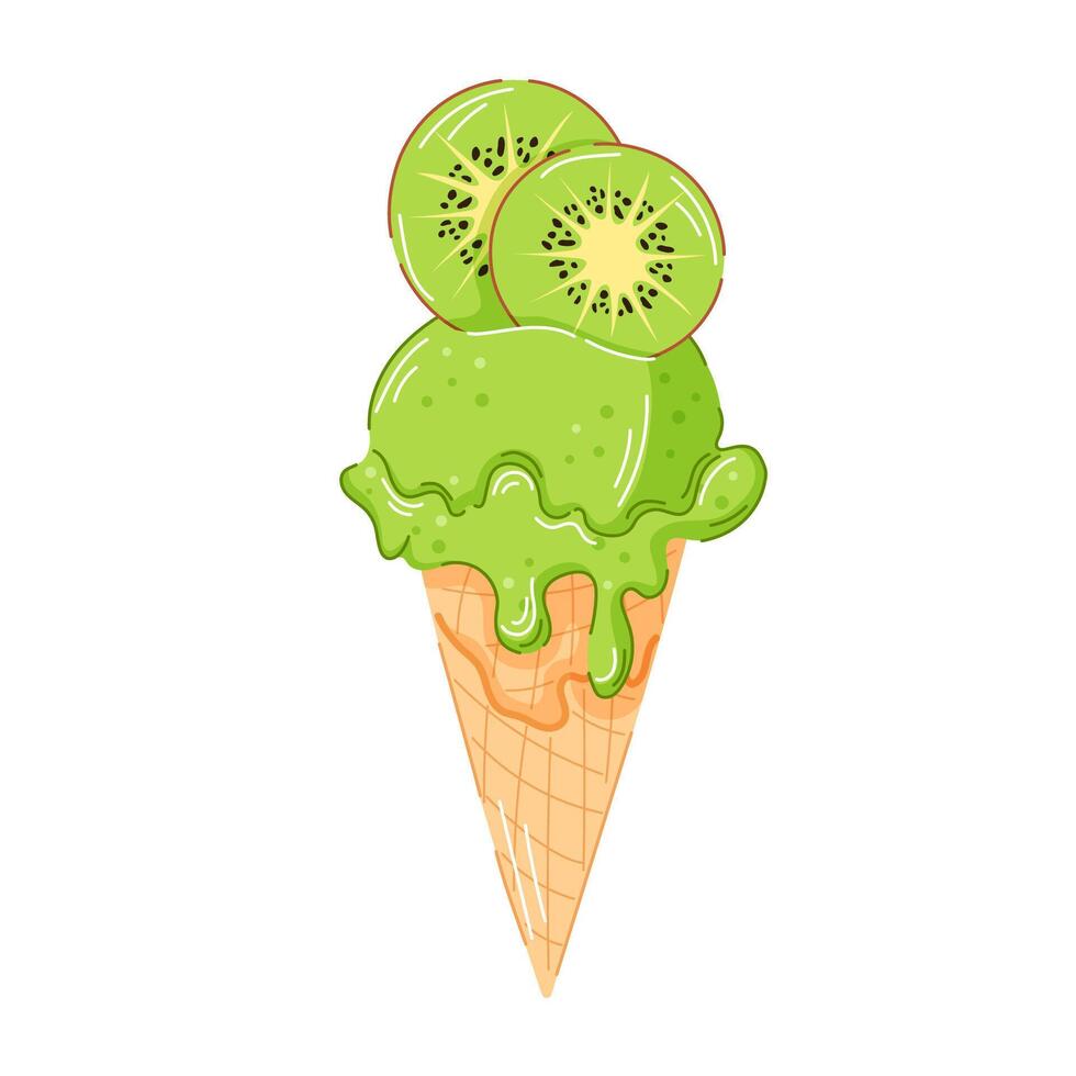 Green kiwi ice cream cone with juicy slices on top and creamy texture dripping down the waffle cone in cartoon style. Fruity dessert ideal for summer food package and menu cafe design. vector