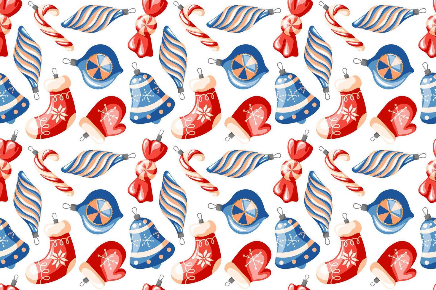 Christmas tree decoration seamless pattern in cartoon style. New Year celebration retro design with mitten, sock, bell, candy cane on a white background. vector