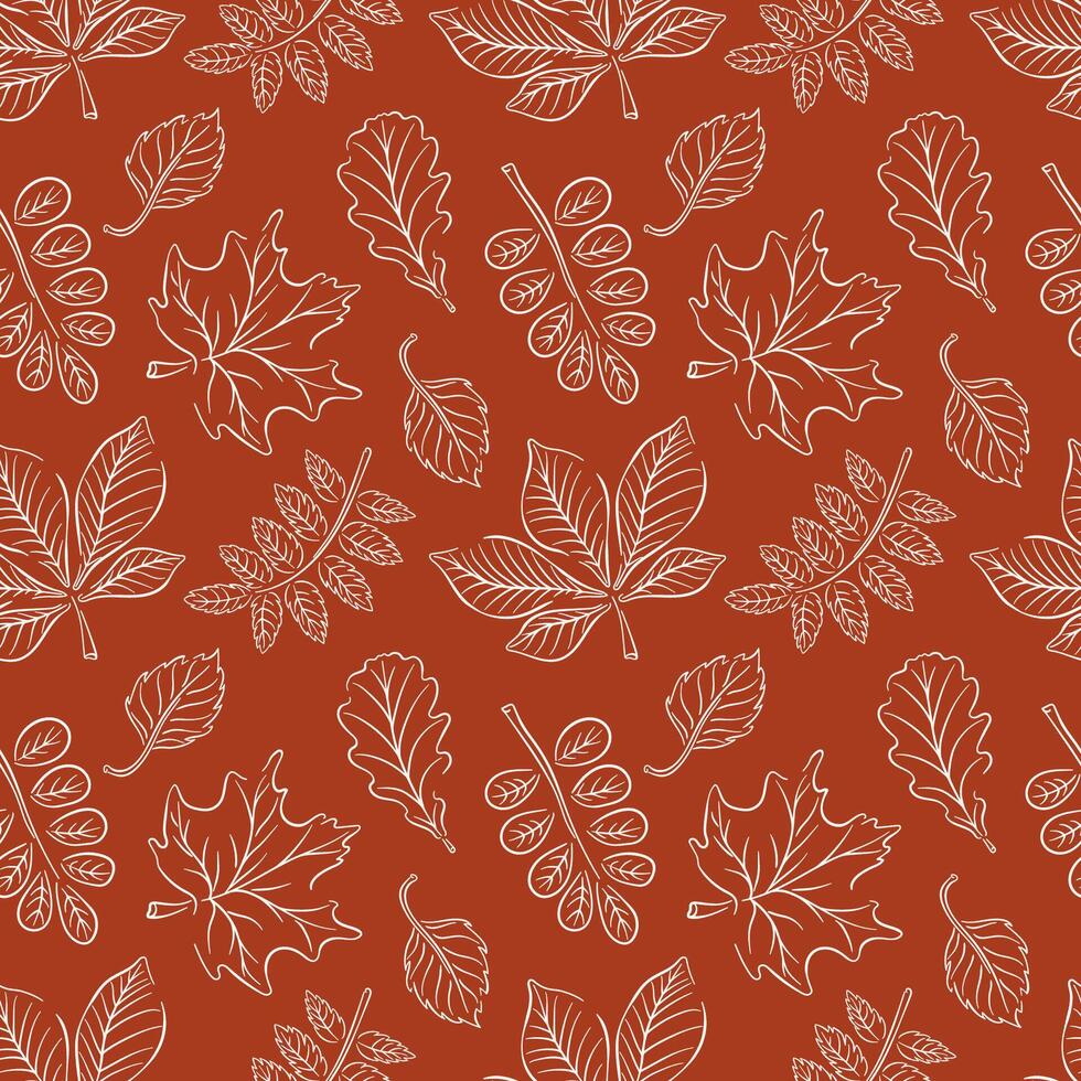 Seamless autumn leaves pattern line art style on red background. Perfect for greeting, invitation, wrapping paper, textile. vector