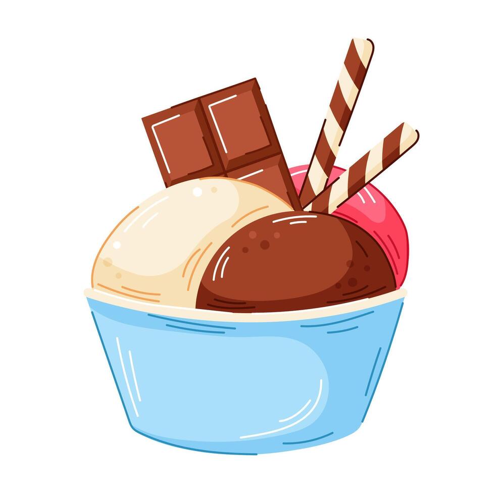 Colorful ice cream in bowl of with vanilla, chocolate and strawberry scoop topped with chocolate bar and wafer sticks in cartoon style. Perfect for dessert menu, packaging and sweet food design, vector
