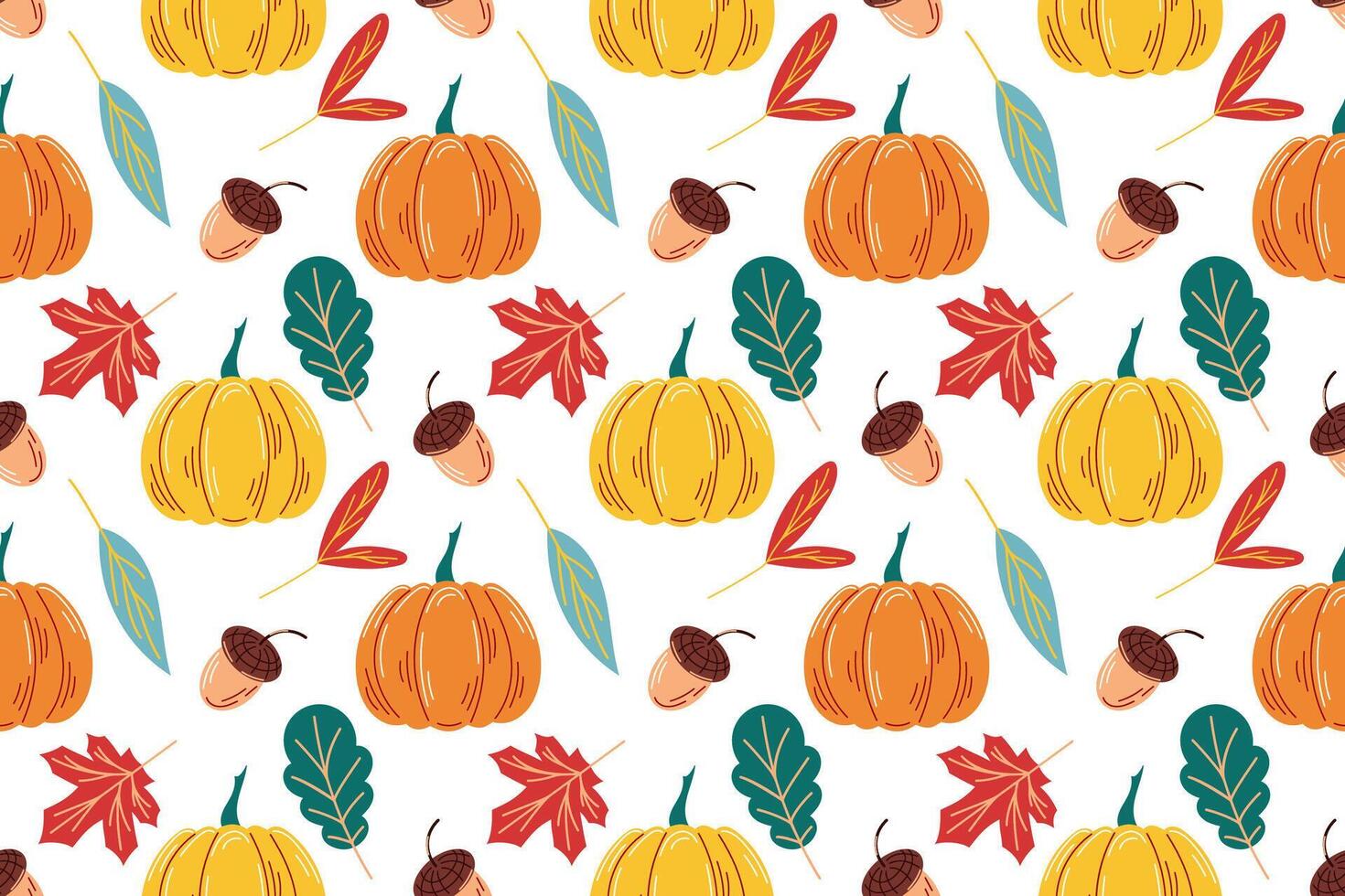 Cute autumn seamless pattern with leaves, acorns, rowan, pumpkin, berries in flat style. Background design for autumn package, wallpaper. vector
