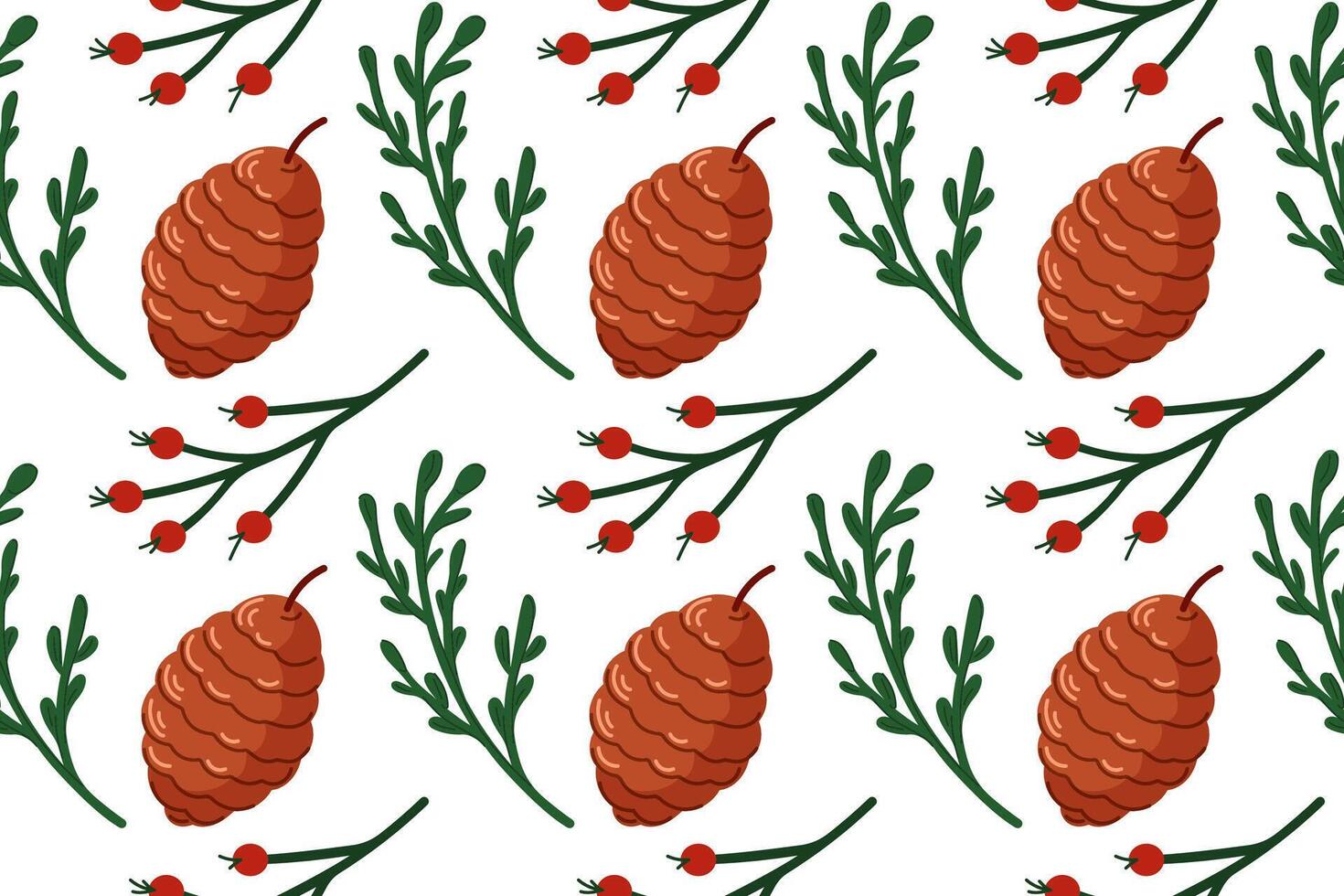 Seamless pattern with pine cone and green twig in cartoon style on white background. Perfect for Christmas packaging, winter design and festive background. vector
