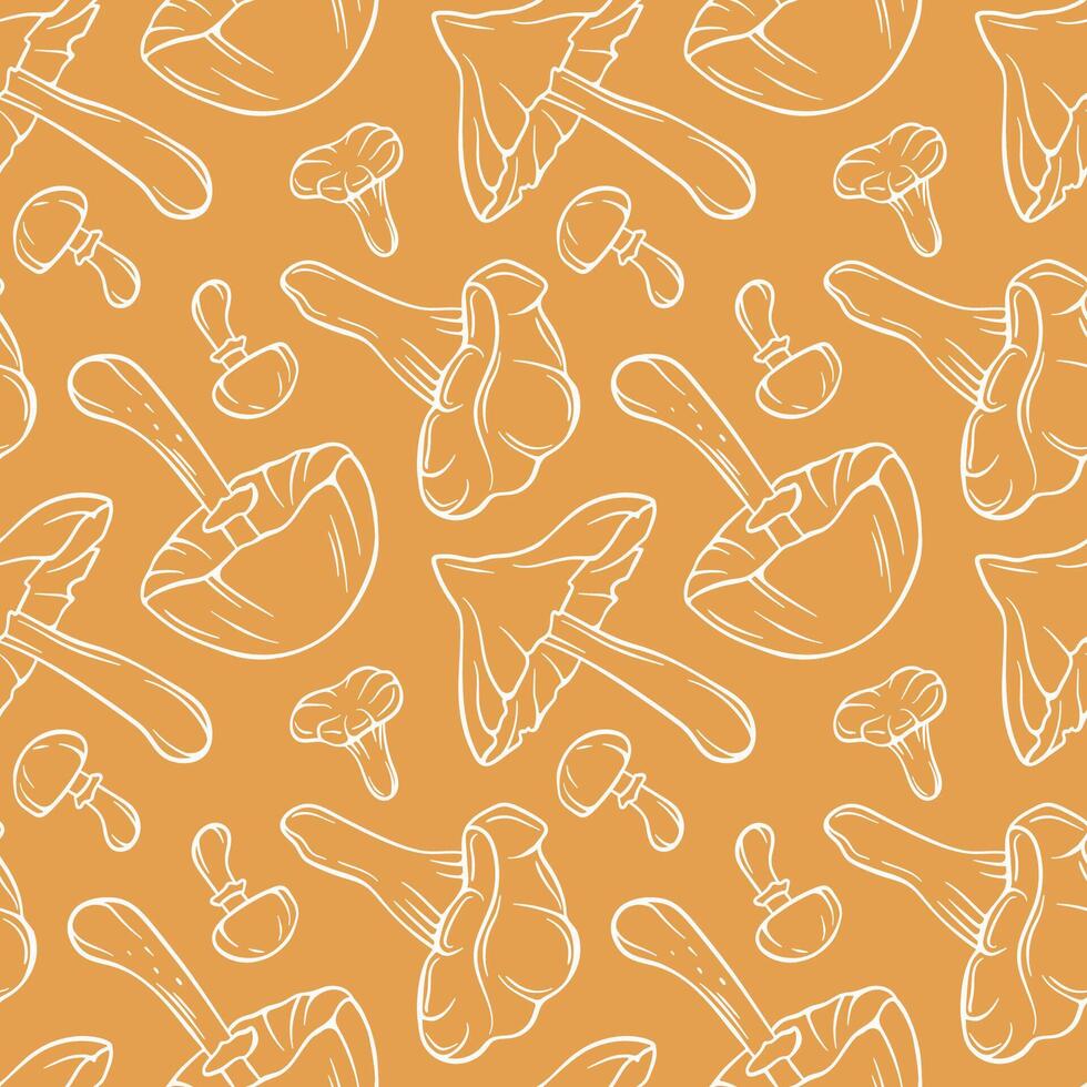 Seamless pattern with inedible and edible mushroom in line art style on yellow background. Chanterelle, Autumn Skullcap, Deadly Webcap design for wrapping paper, kitchen wallpaper, print, store vector