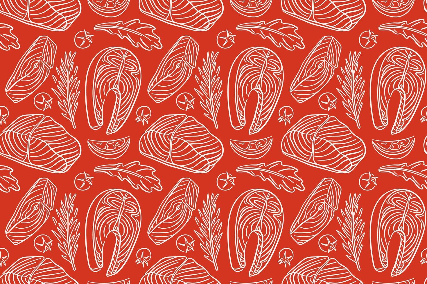 Seamless pattern with Salmon steak, herbs, vegetable in line art style on a red background. Tomato, slices of lemon, rosemary, arugula. Red fish design for menu, kitchen wallpaper, package, wrapping. vector