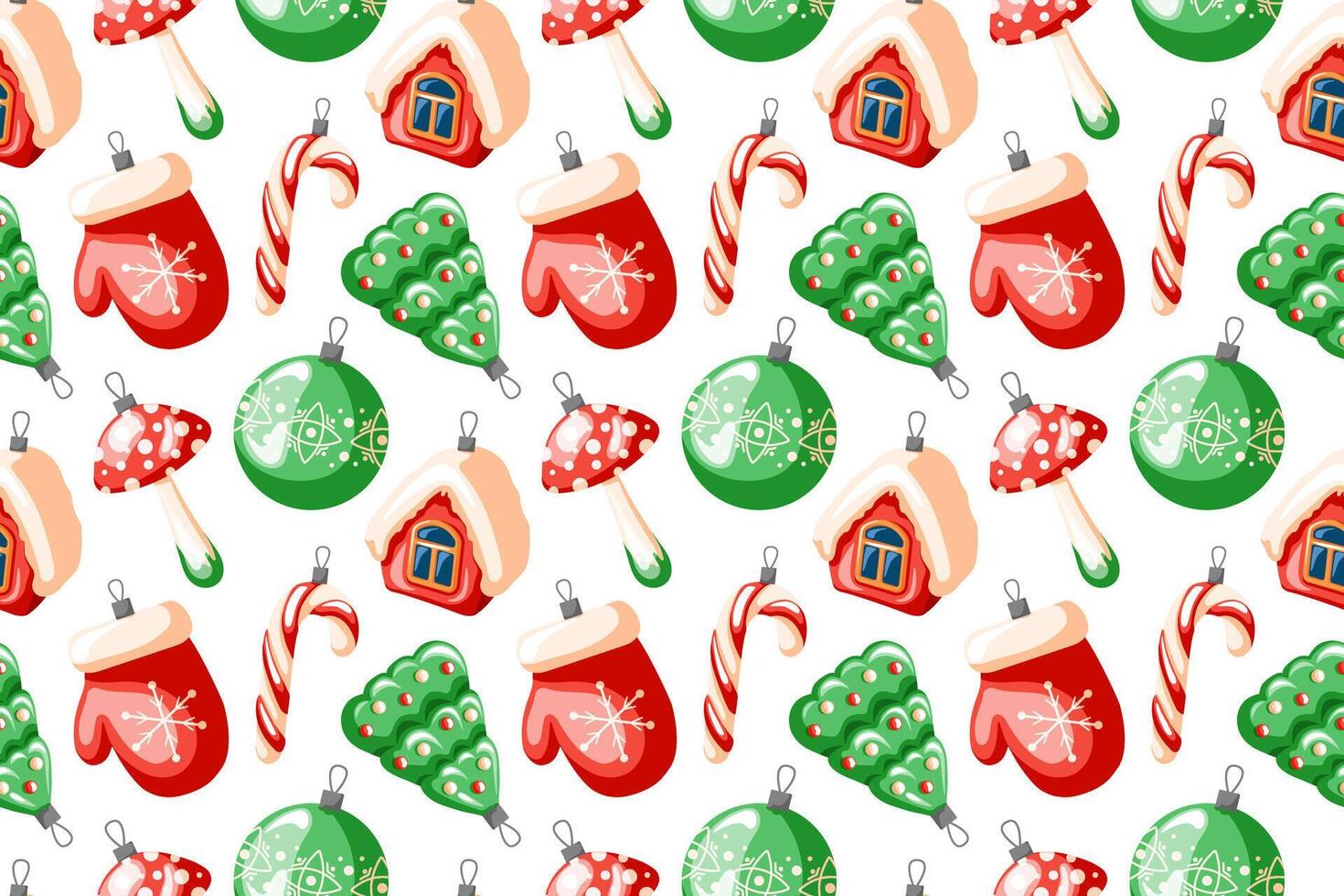 Christmas and Happy New Year seamless pattern with Christmas toys in cartoon style. Retro decoration for tree in shape of house, candy cane, tree, mitten, fly agaric. vector