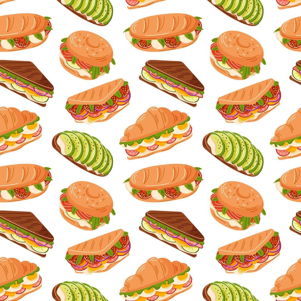 Seamless pattern with avocado toast, sandwiches, bagel, croissant, baguette in flat style. Perfect for kitchen design, cafe menu, kitchen background and food packaging. vector