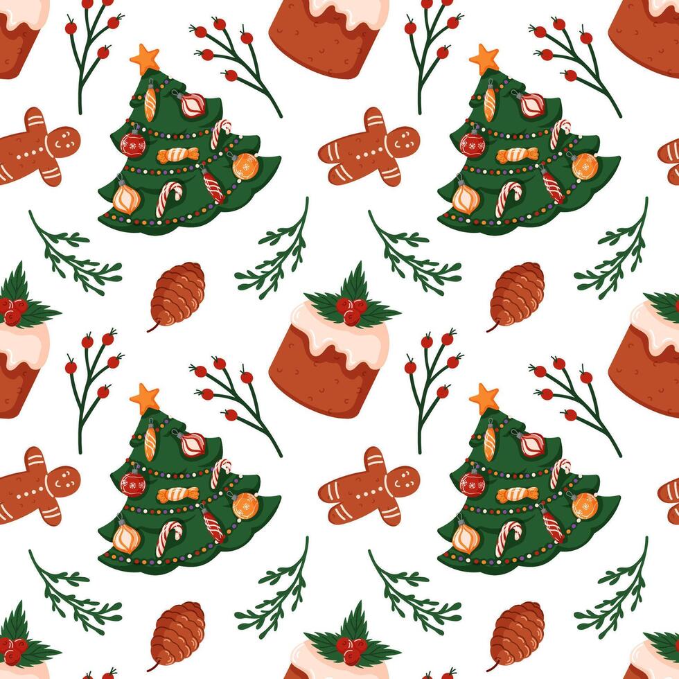 Seamless Christmas pattern with decorated tree, gingerbread cookie, cake, pine cone on white background in cartoon style. Perfect for holiday design, gift package and festive decor. vector