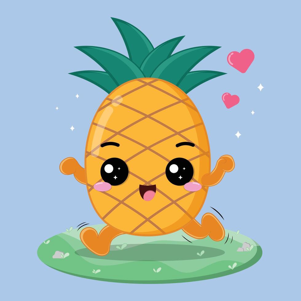 Happy And Cheerful Pineapple Fruit Cartoon Character Running In The Grassland vector