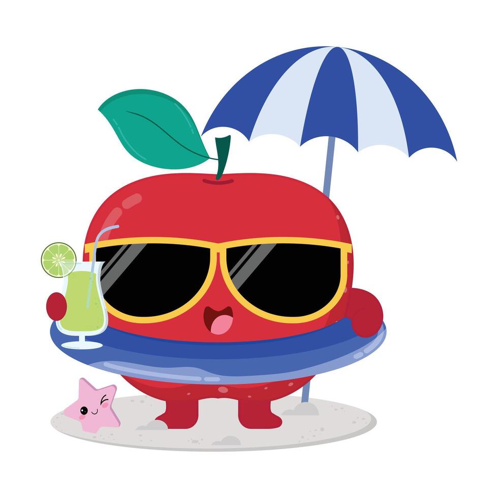 Cute And Happy Red Apple Fruit Cartoon Character Enjoying The Beach While Drinking Fresh Juice vector