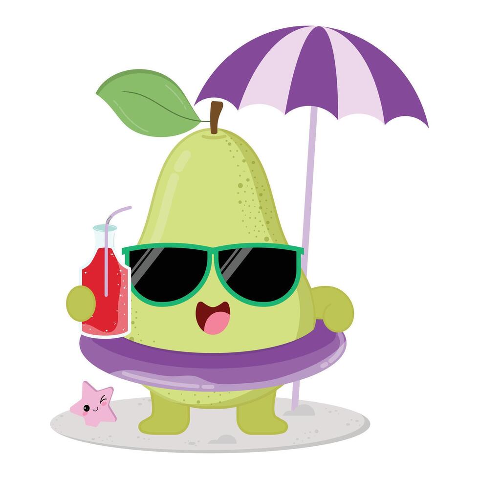 Cute And Happy Pear Fruit Cartoon Character Enjoying The Beach While Drinking Fresh Juice vector