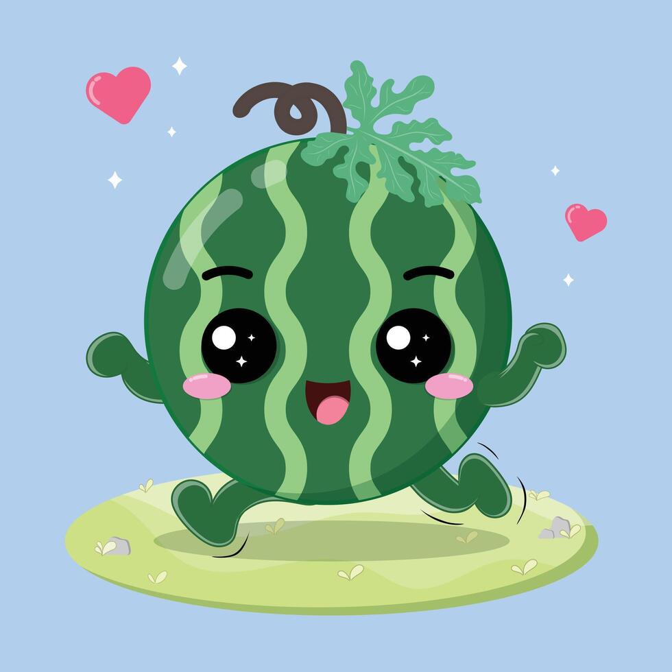 Happy And Cheerful Watermelon Fruit Cartoon Character Running In The Grassland vector
