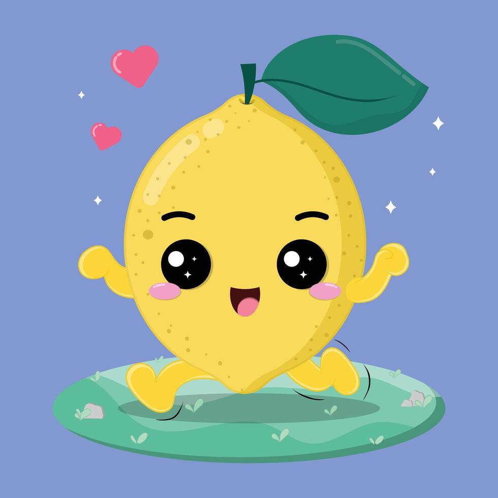 Happy And Cheerful Lemon Fruit Cartoon Character Running In The Grassland vector