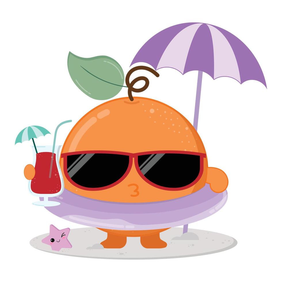 Cute And Happy Orange Fruit Cartoon Character Enjoying The Beach While Drinking Fresh Juice vector
