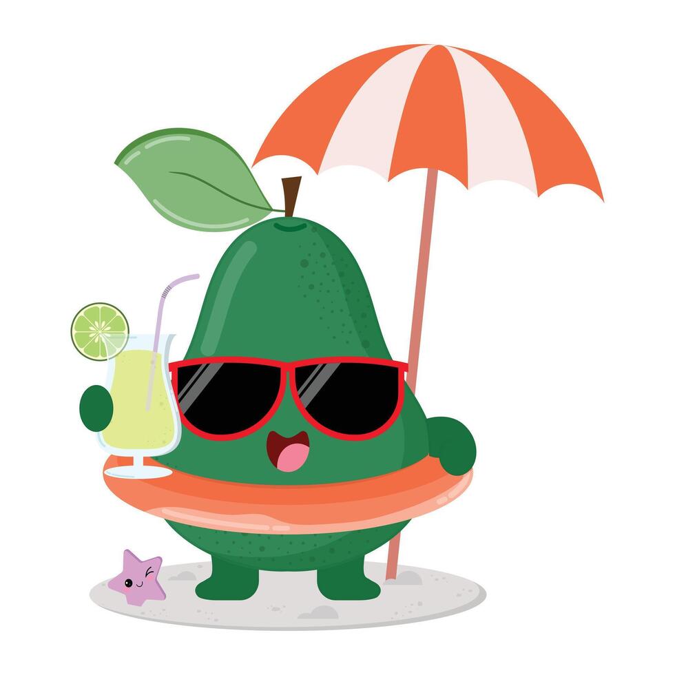 Cute And Happy Avocado Fruit Cartoon Character Enjoying The Beach While Drinking Fresh Juice vector