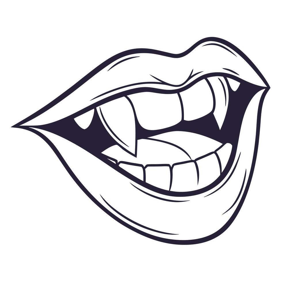 Stylized Vampire Mouth with Sharp Fangs in Dark Purple on White vector