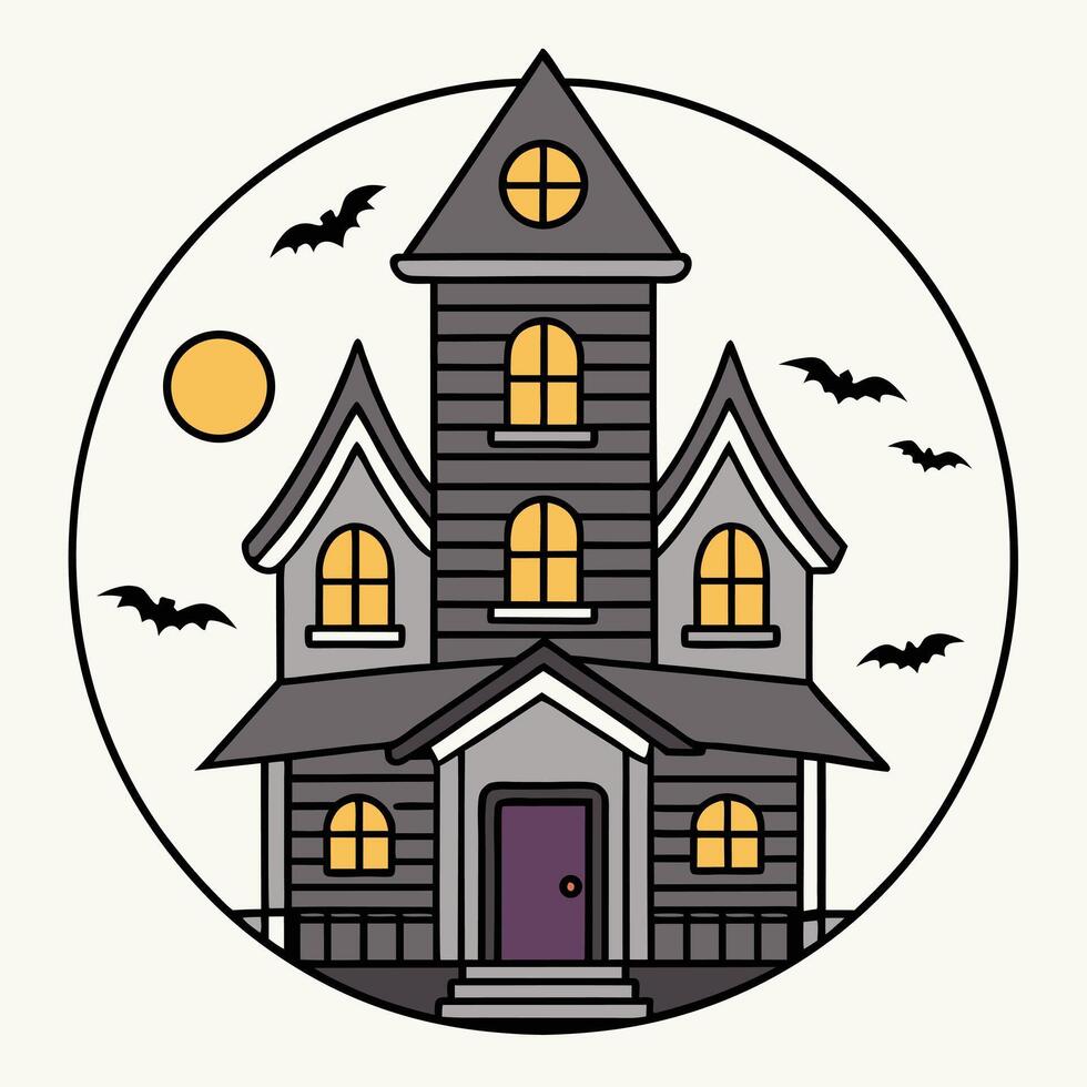 Spooky Haunted House with Bats and Moon in a Circular Frame vector