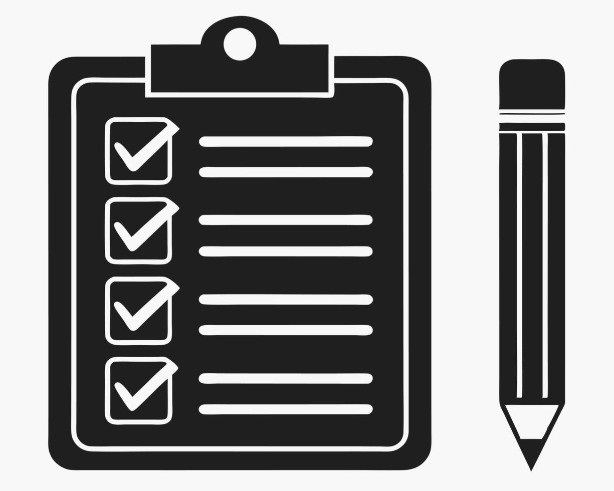 Black and white clipboard with check marks and a pencil icon vector