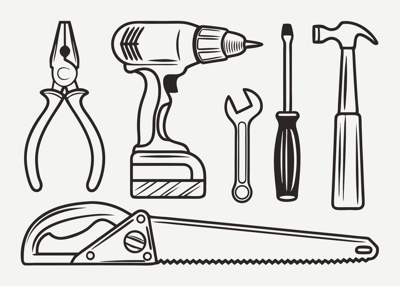 Monochrome Line Art Illustration of Various Handyman and Carpentry Tools for Home Improvement vector