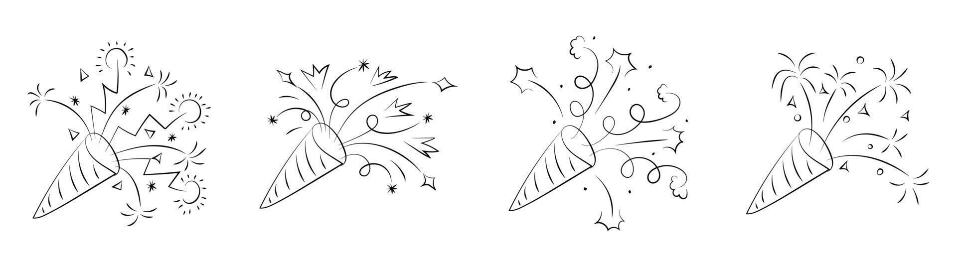 Confetti popper line icon for birthday or anniversary surprise party with firecracker. New Year explosion drawing for celebration. Tada happy xmas greeting doodle set. Festival ribbon cracker. vector