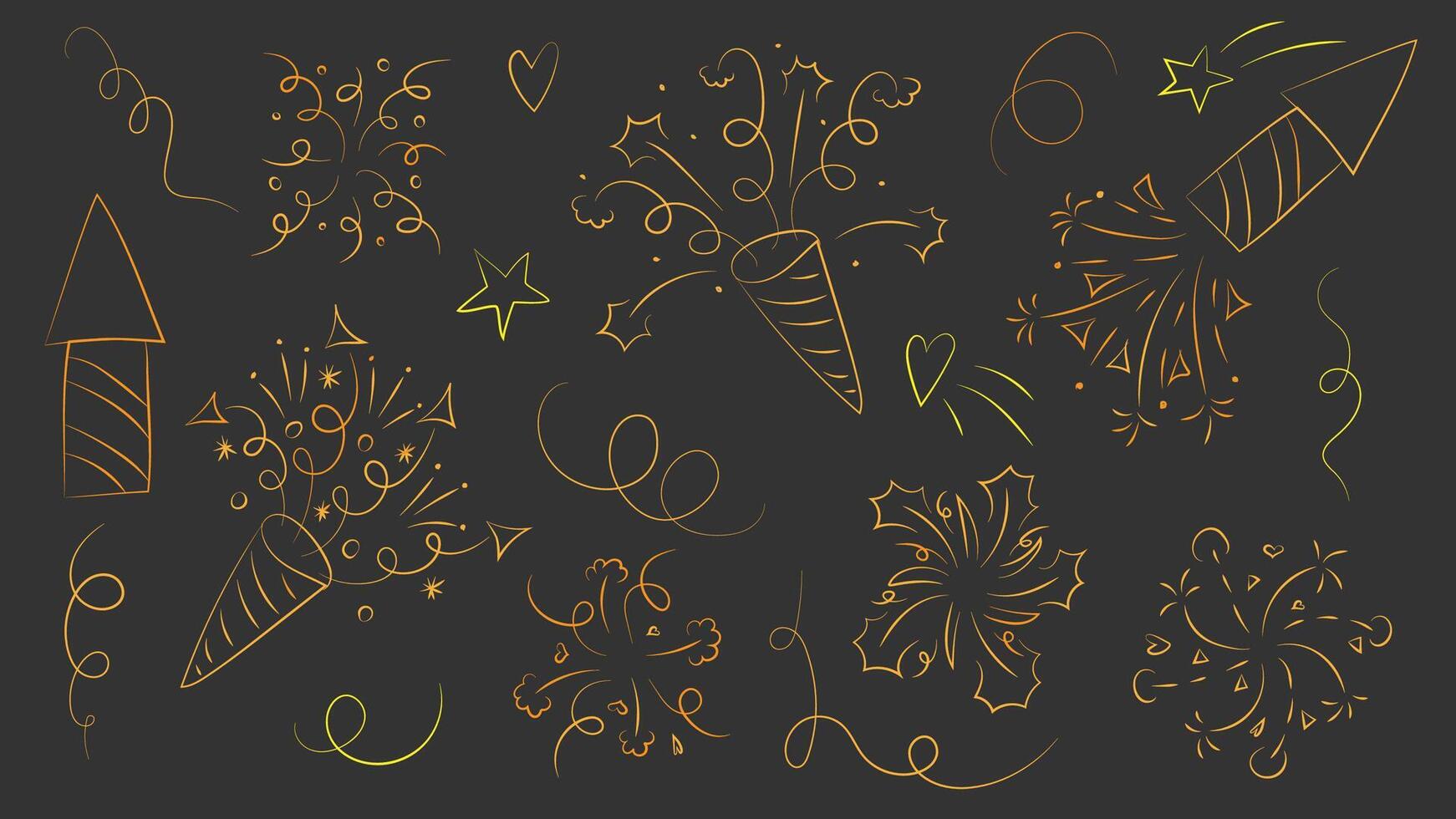 Gold firework and confetti burst background. Line anniversary celebrate spark or New Year pattern. Birthday firecracker boom and ribbon explosion ray outline doodle design. Surprise party event set. vector