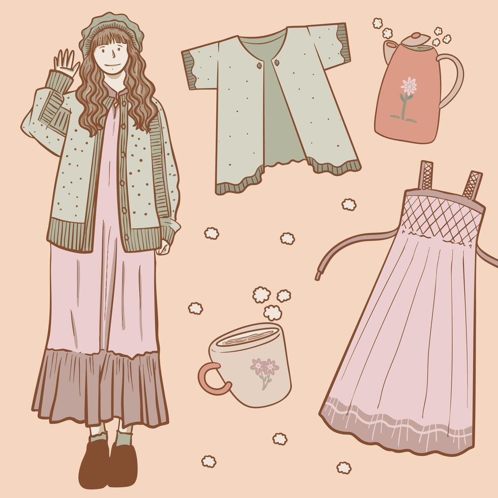 a long-haired girl wearing a knitted shirt and various clothes and tea vector