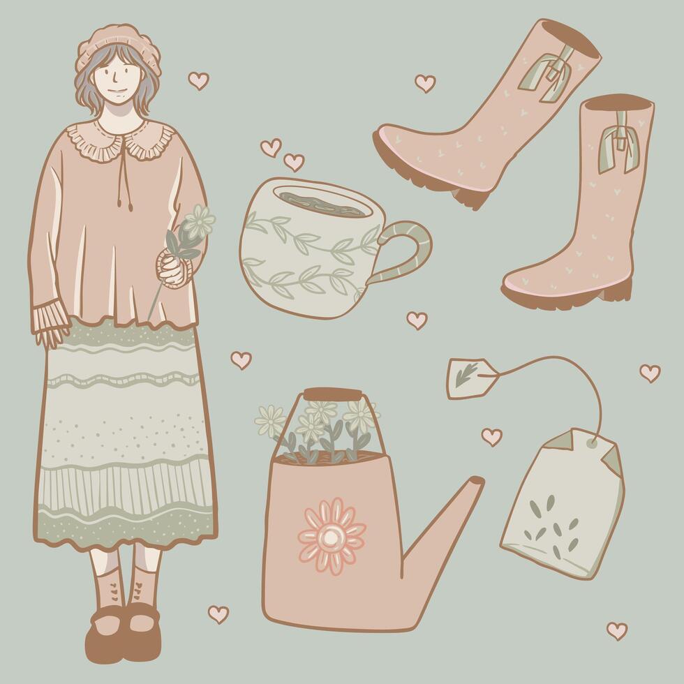 a woman from the cottage who is going to plant flowers is carrying tea and boots vector