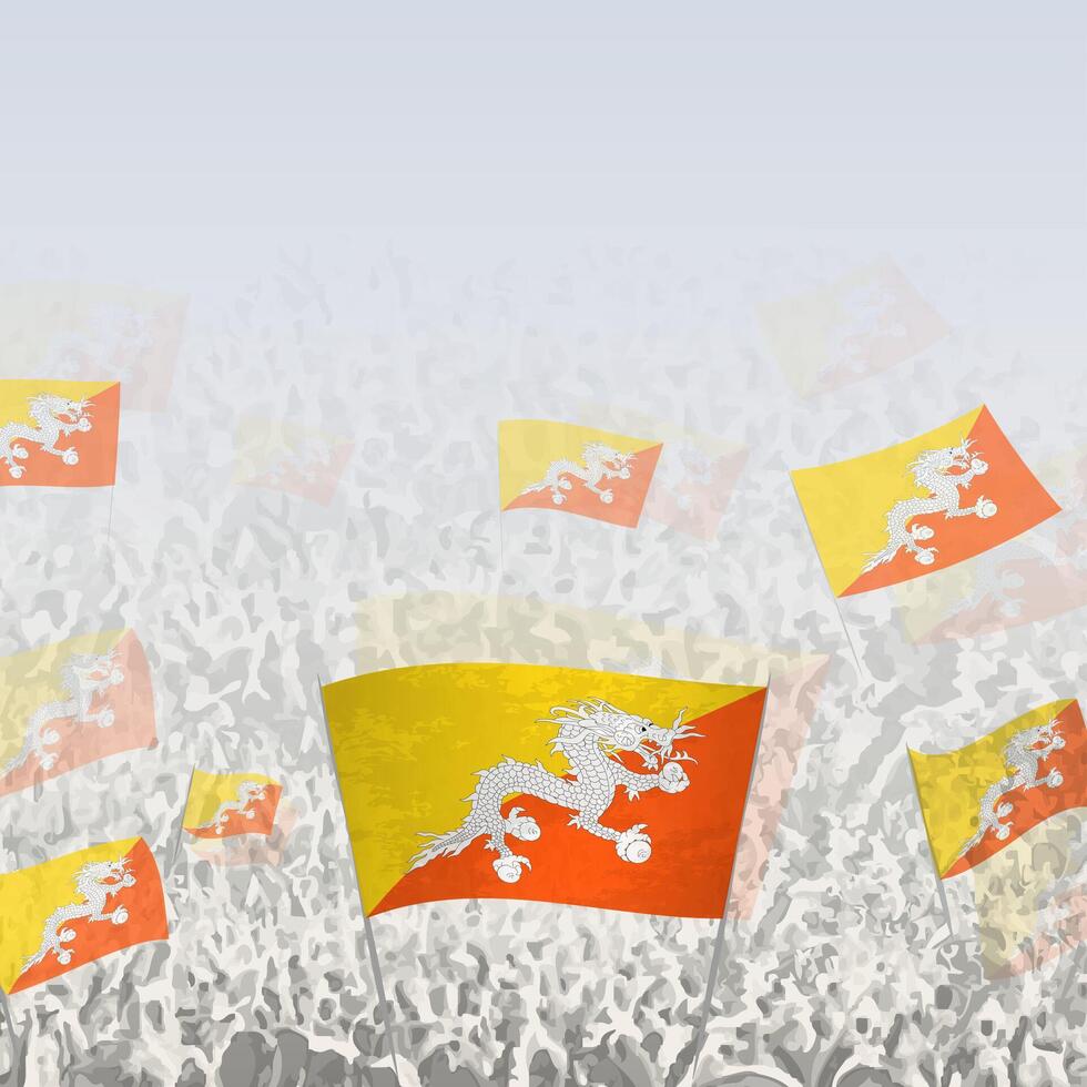 Crowd of people waving flag of Bhutan square graphic for social media and news. vector